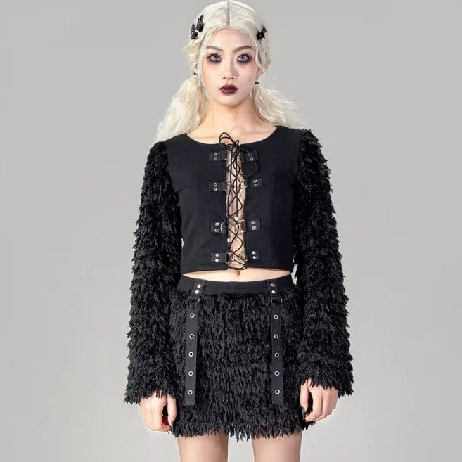 Women's Gothic Faux Fur Splice Lace-up Crop Top