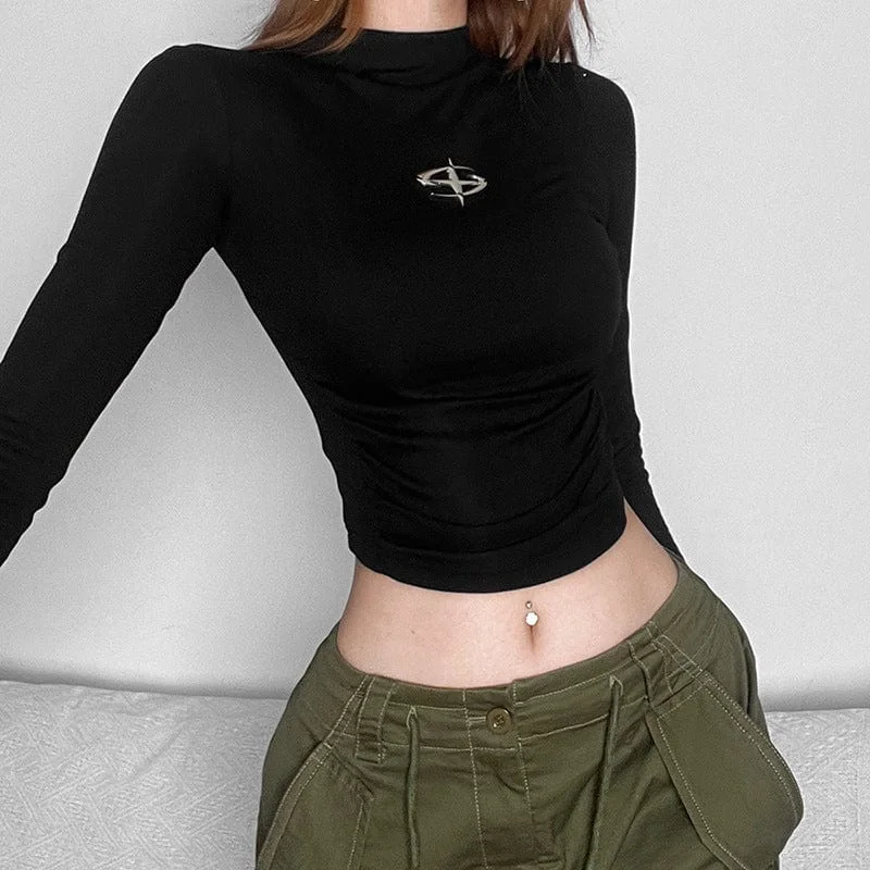 Women's Punk Crew Neck Long-sleeved Slim-fitted Crop Top