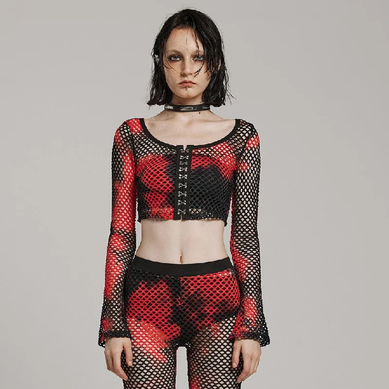 Women's Punk Mesh Tie-dyed Long Sleeved Crop Top Black-Red