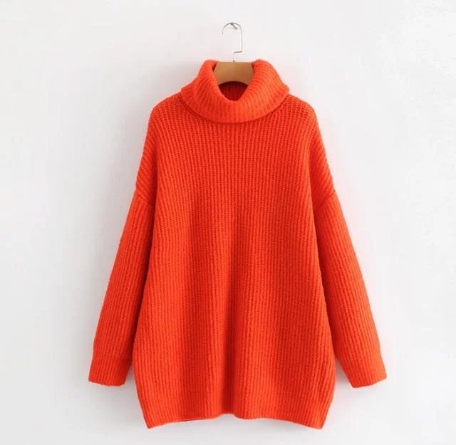 2019 Winter Candy Color Oversized Turtleneck Sweater Hot pink Mustard Color Loose Knitted Jersey