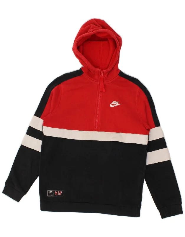 NIKE Boys Zip Neck Hoodie Jumper 12-13 Years Large Red Colourblock Cotton