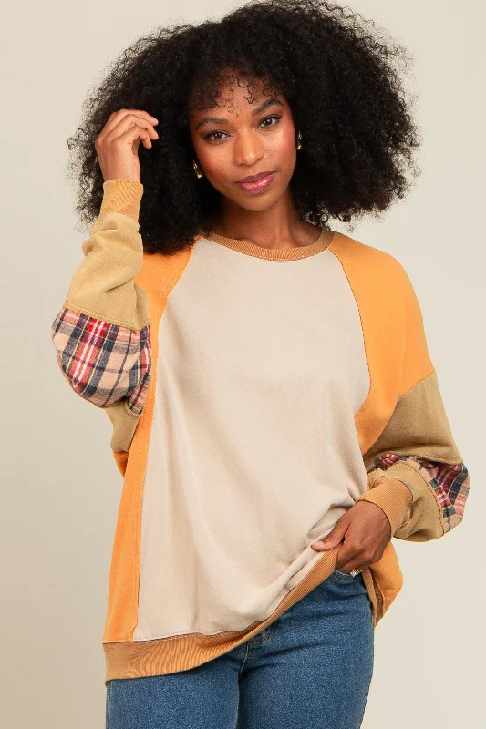 Peach Colorblock Plaid Dolman Sleeve Pullover