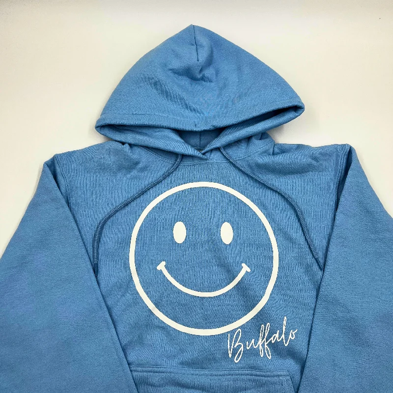 Smiley Face With Buffalo Wordmark Light Blue Hoodie