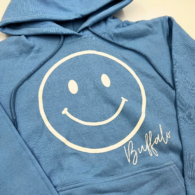 Smiley Face With Buffalo Wordmark Light Blue Hoodie