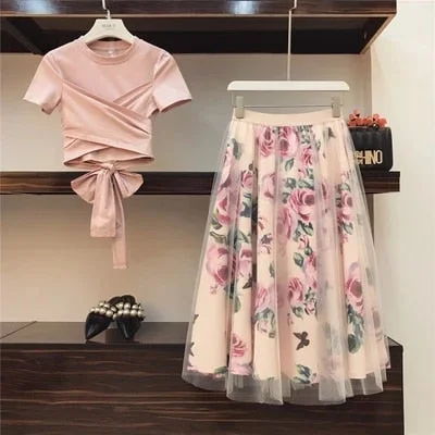 Sweet Women Print Rose Set 2019 Spring Summer Fashion Bandage Cross Cotton Blouses Tops and Long Midi A-line Skirts Suit