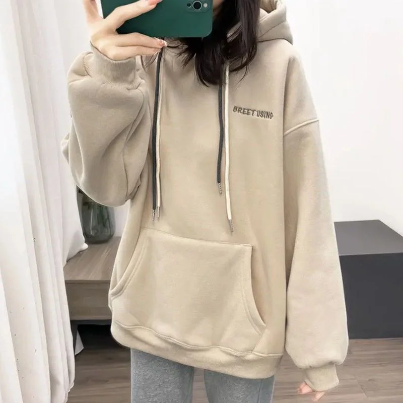 Winter New Korean Style Plus Velvet Thick Small Letter Embroidery Loose All-match Long-sleeved Hooded Sweater Women's Fashion