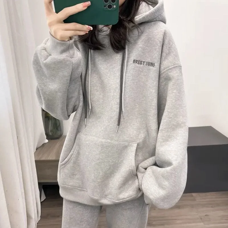 Winter New Korean Style Plus Velvet Thick Small Letter Embroidery Loose All-match Long-sleeved Hooded Sweater Women's Fashion