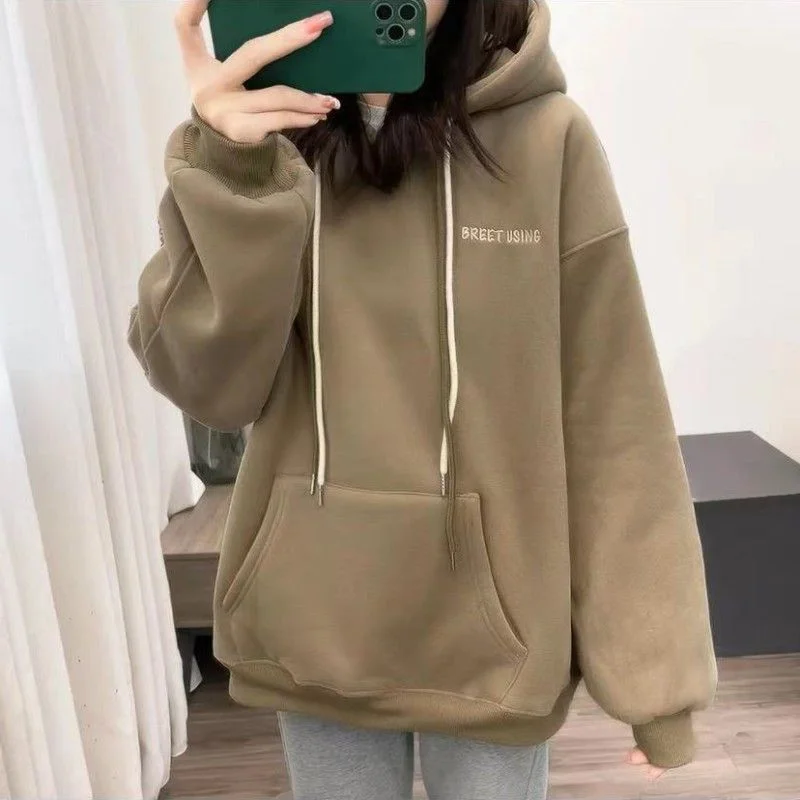 Winter New Korean Style Plus Velvet Thick Small Letter Embroidery Loose All-match Long-sleeved Hooded Sweater Women's Fashion