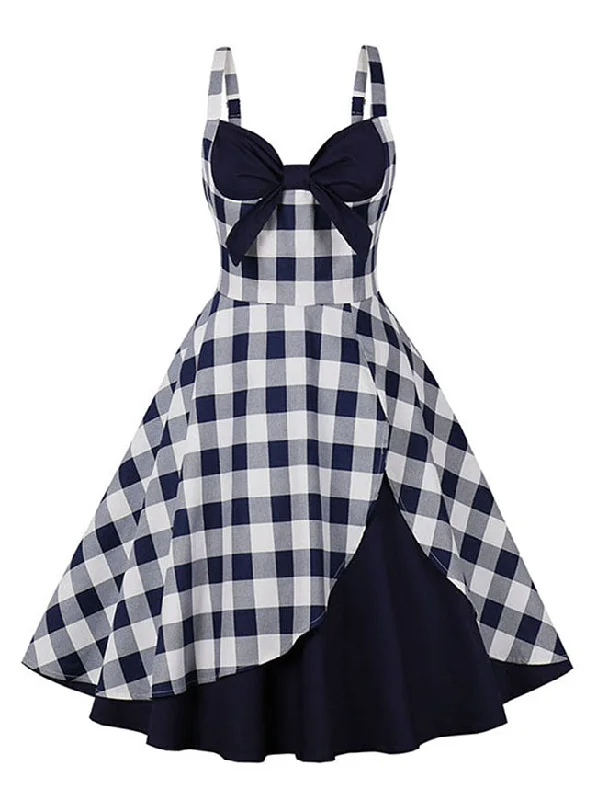 50s Vintage Checkered Sweetheart Dress Rockabilly Summer Party Dress for Women Turtleneck Neckline Stylish