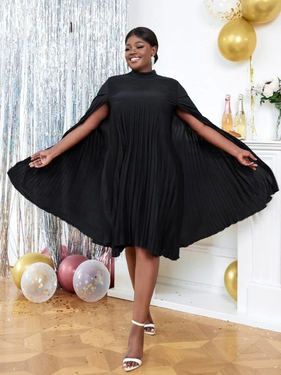 AOMEIDRESS Cloak Sleeves Stand Collar Loose Pleated Party Dress Tunics Lace romantic
