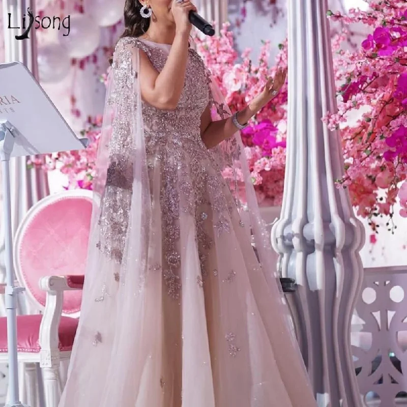 Arabic Blush Pink Beaded Lace Luxury Evening Dresses With Cloak Tunics Floral girly