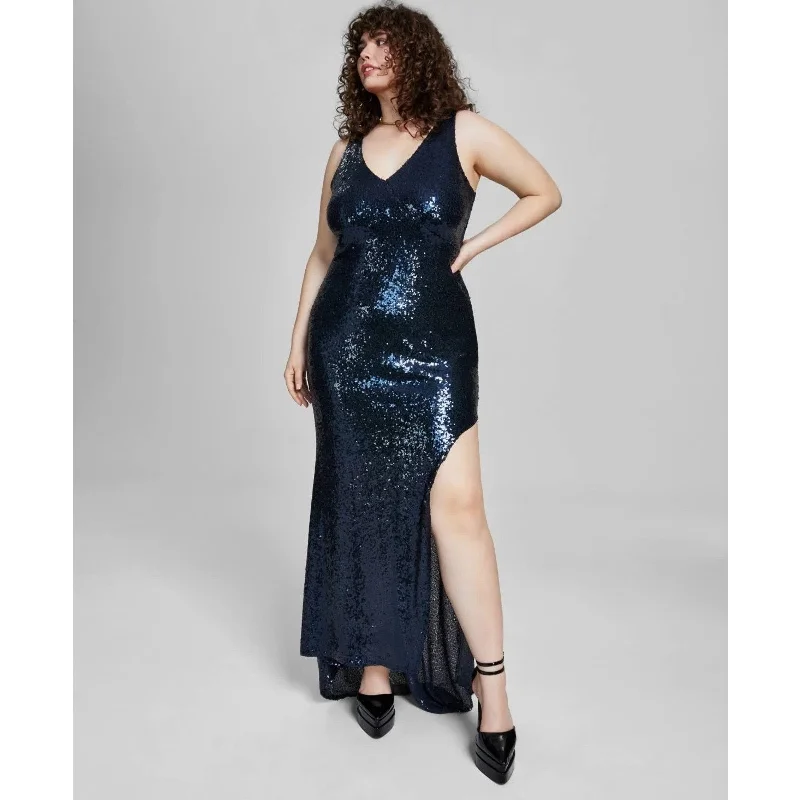 B Darlin Womens  Sequined Prom Evening Dress 18W Blue High Slit V Neck NWT Tunics New arrival
