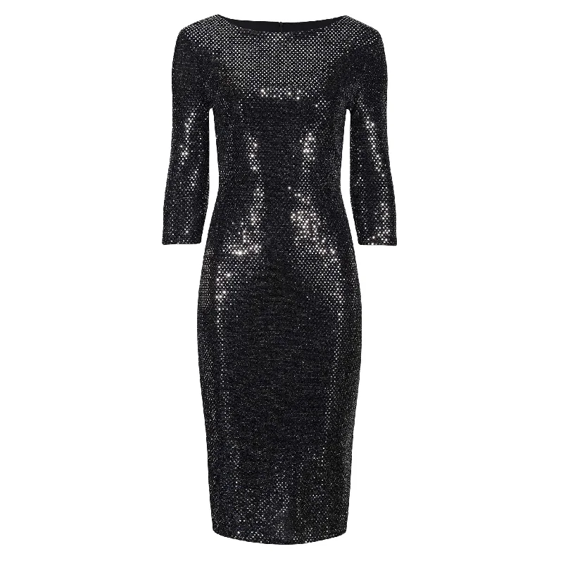 Black And Silver Sequin 3/4 Sleeve Bodycon Pencil Wiggle Party Dress Halter Neckline Beach
