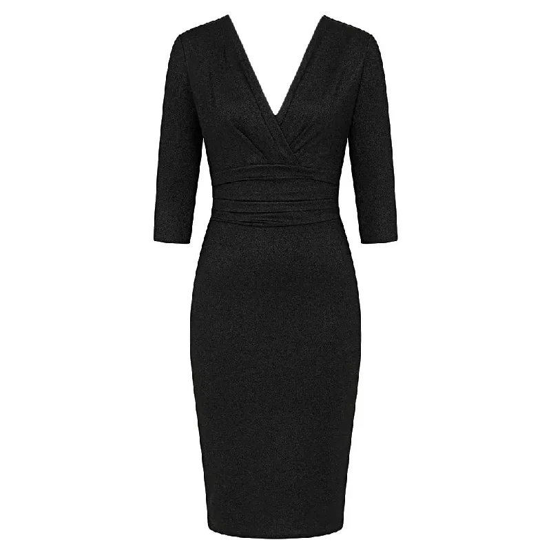 Black Deep V 3/4 Sleeve Bodycon Ruched Waist Wiggle Party Dress Turtleneck Warm Winter