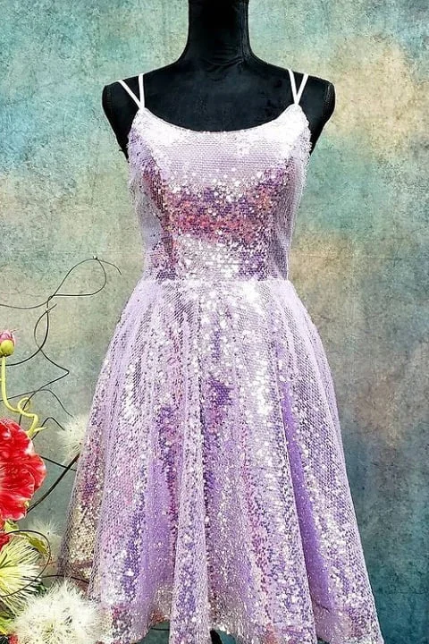 Cute Lavender Sequins A-Line Short Party Dress empire Waist empire