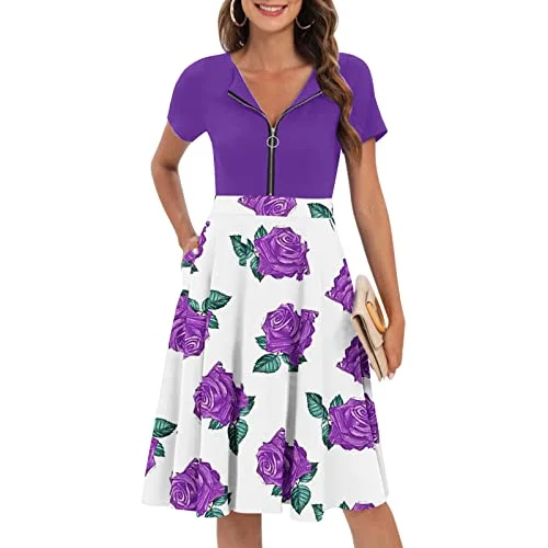 Flower Summer Dress for Women Casual Vintage Print Zipper Dresses A Line Flared Midi Party Dress with Pockets | Original Brand Tunics Custom made