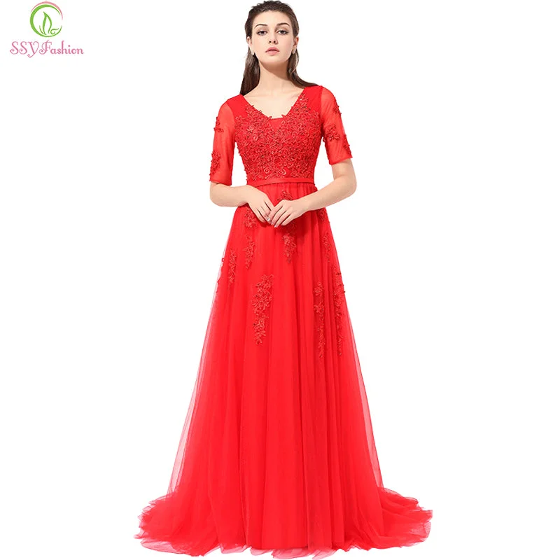 Half Sleeves V-neck Lace Beading Long Evening Dress Tunics Gym athletic