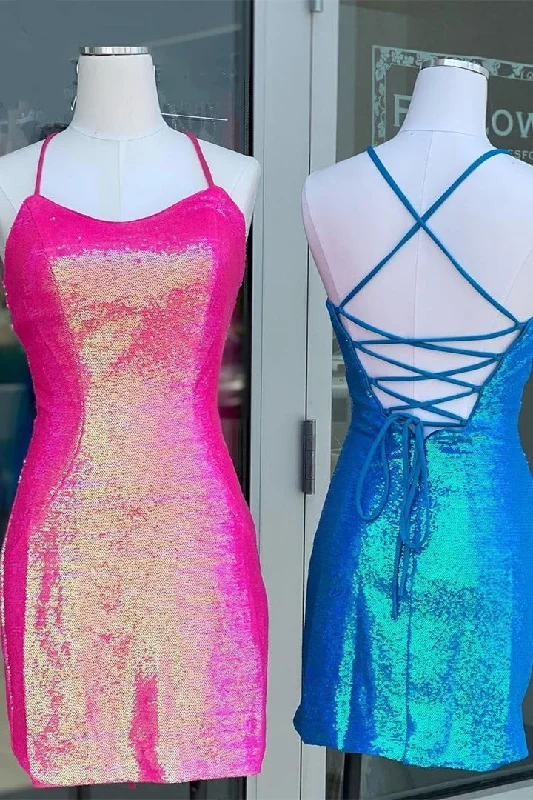 Lace-Up Hot Pink Sequins Short Party Dress Boatneck Modish Everyday