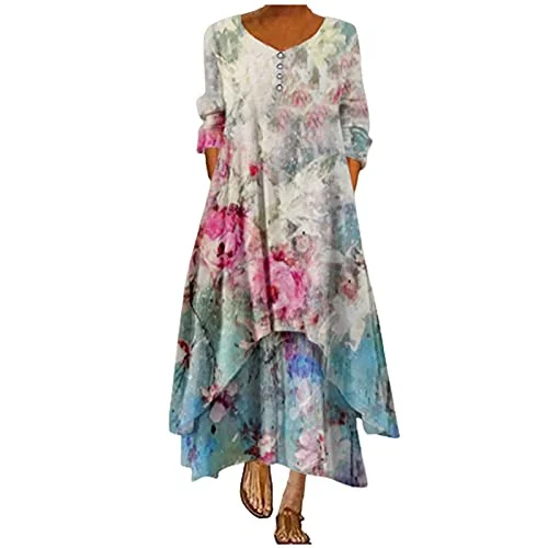 Ladies Party Buttons Floral Print Loose Long Sleeve O-Neck Casual Maxi Dress Party Dress Evening Dress Work Dresses UK Size XS~XXXL | Original Brand High-Low Hemline Casual
