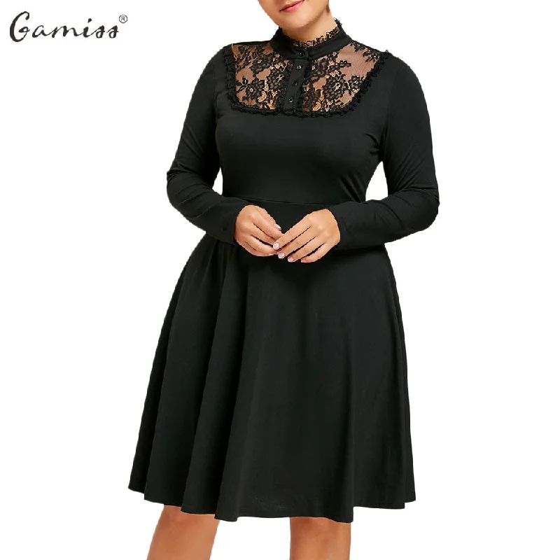 Long Sleeves Button Vintage Trim Fit And Flare Party Dress Tunics Mesh breathable