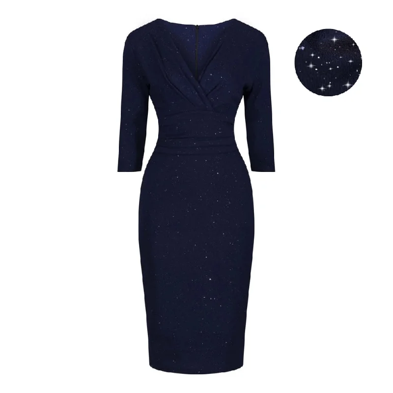 Navy Blue Silver Sparkle Deep V 3/4 Sleeve Bodycon Ruched Waist Wiggle Party Dress High-Low Hemline Casual