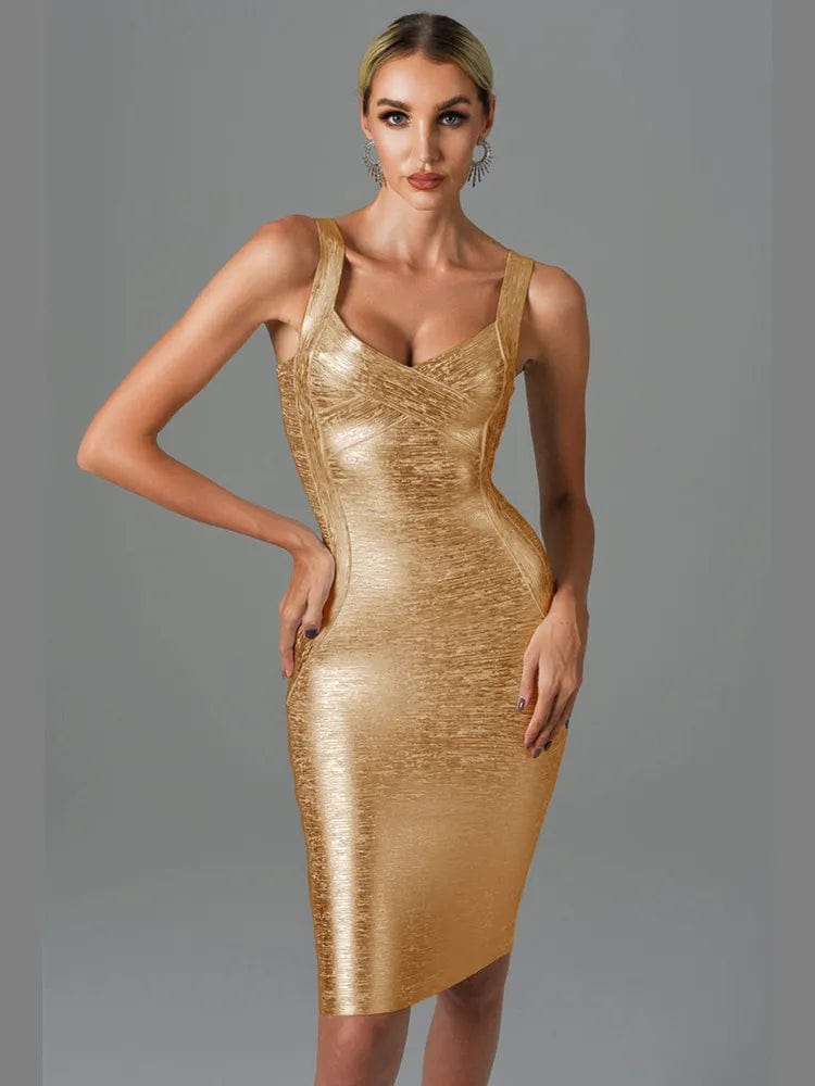 New Women Summer Style Sexy Sleeveless Backless Gold Silver Bronzing Midi Bodycon Bandage Dress 2022 Elegant Evening Party Dress Tunics Running lightweight