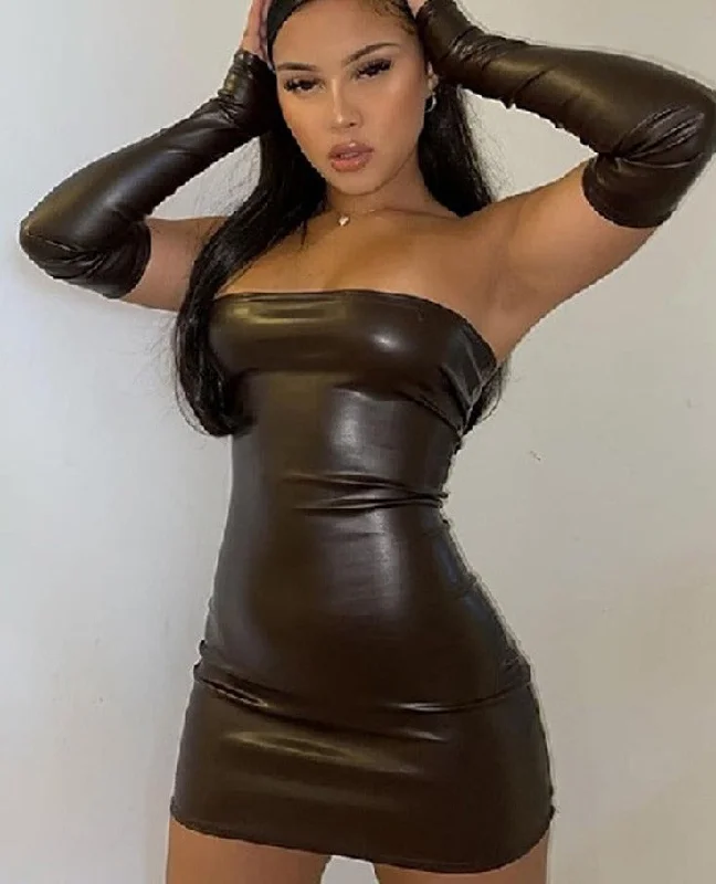 Y2K Leather With Gloves Party Dress Women's Backless Sexy Low Cut Clubwear Skinny Black Bodycon Mini Dresses Female Tunics Occasion special