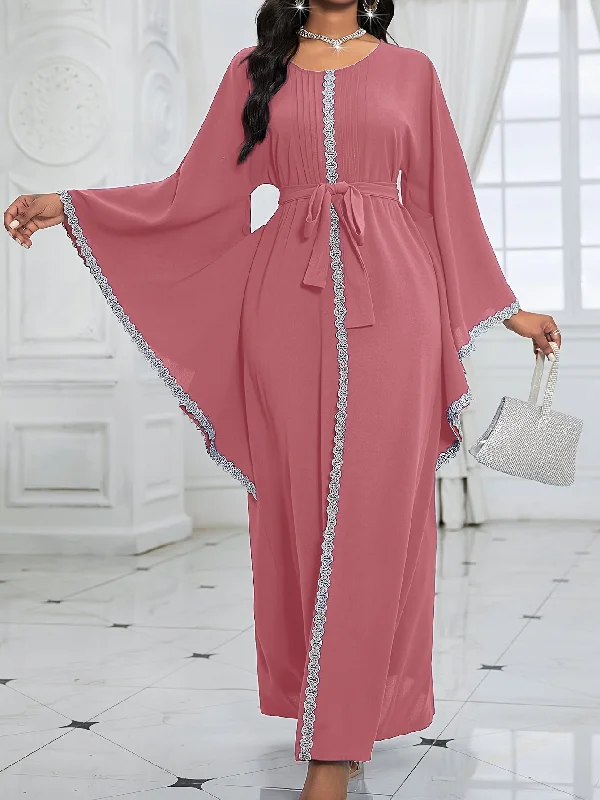 Nine 11 Contrast Lace Flare Sleeve Dress, Elegant Crew Neck Tied Waist Ankle Length Dress For Party & Banquet, Women's Clothing Wedding/Occasion/Engagement/Ceremony/Evening dress Tunics Luxurious high-end