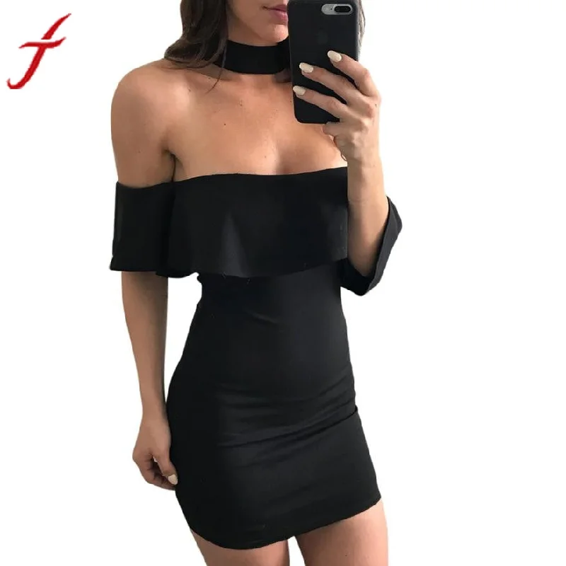 Off Shoulder Summer Dress Women Sexy Lotus Leaf Mini Black Party Dress Slim Clothes for Women plus size#LSN Tunics Custom made