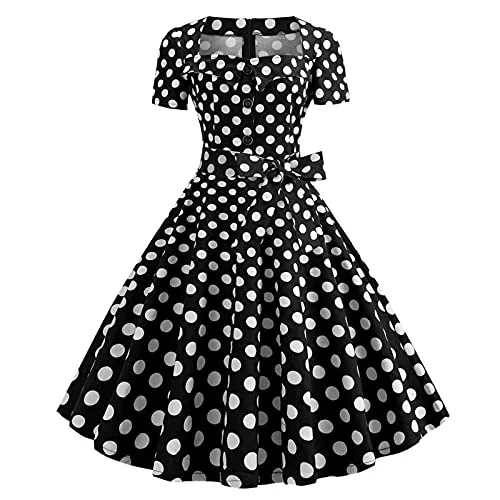 Party Ladiess A Line Flare Vintage Dress Bowknot Prom Short Sleeve Polka Dot Printing Party Dress for Special Occasions UK Size S-5XL | Original Brand Glittery Long Formal