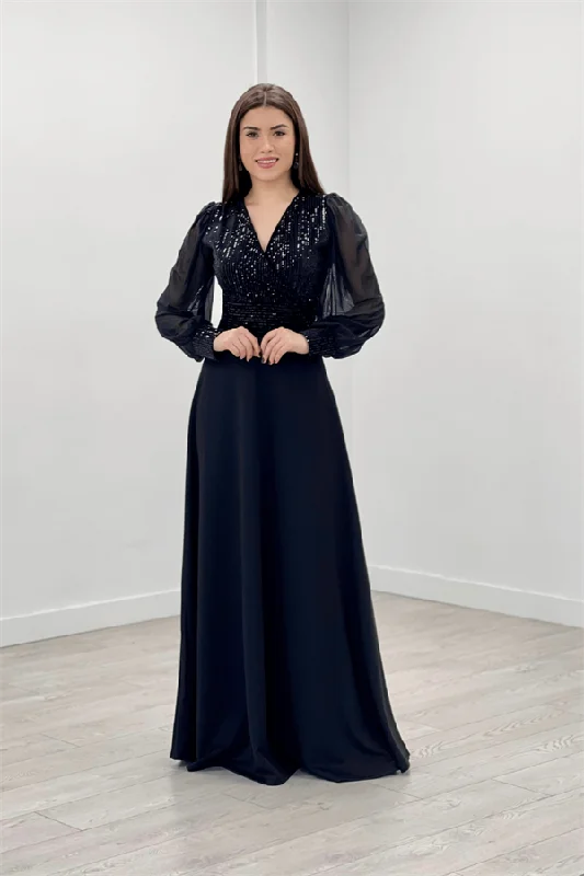Payet Fabric Arms Tulle Evening Dress - Black Tunics Long Elegant