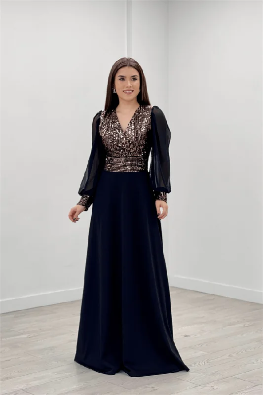 Payet Fabric Arms Tulle Evening Dress - Gold Tunics stripes playful
