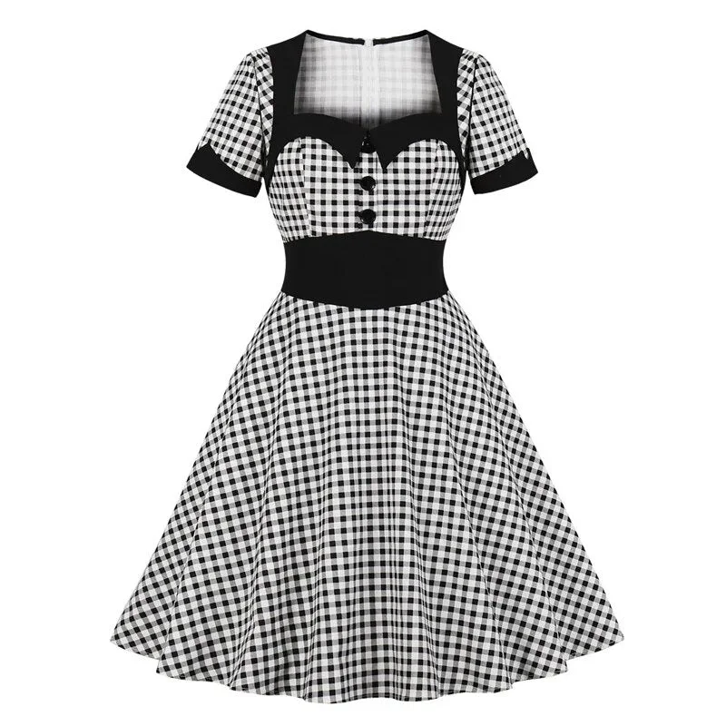Retro Dress, Rockabilly 50s Gingham Sweetheart Neck Retro Party Dress, Button Front 95% Cotton Vintage High Waist Plaid Dress Tunics Versatile functional