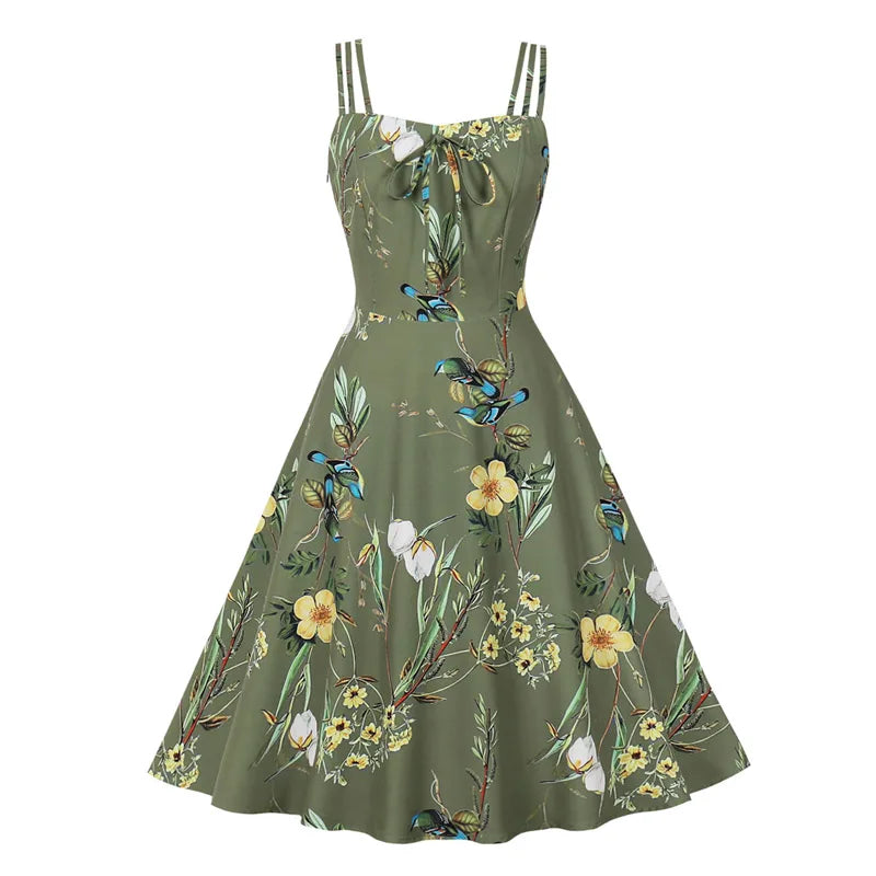 Retro Floral Dress, Spaghetti Strap Bow Front Party Dress Tunics Exclusive limited
