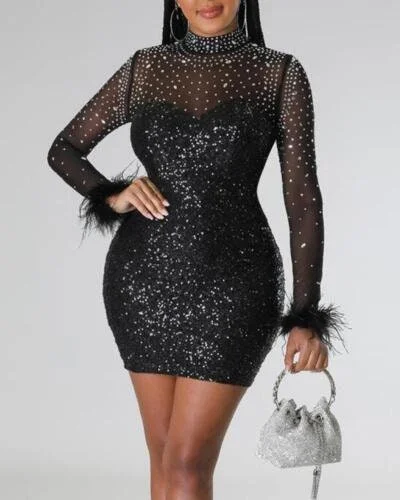 Rhinestone Sequin Decor Contrast Mesh Party Dress Pencil Length Work