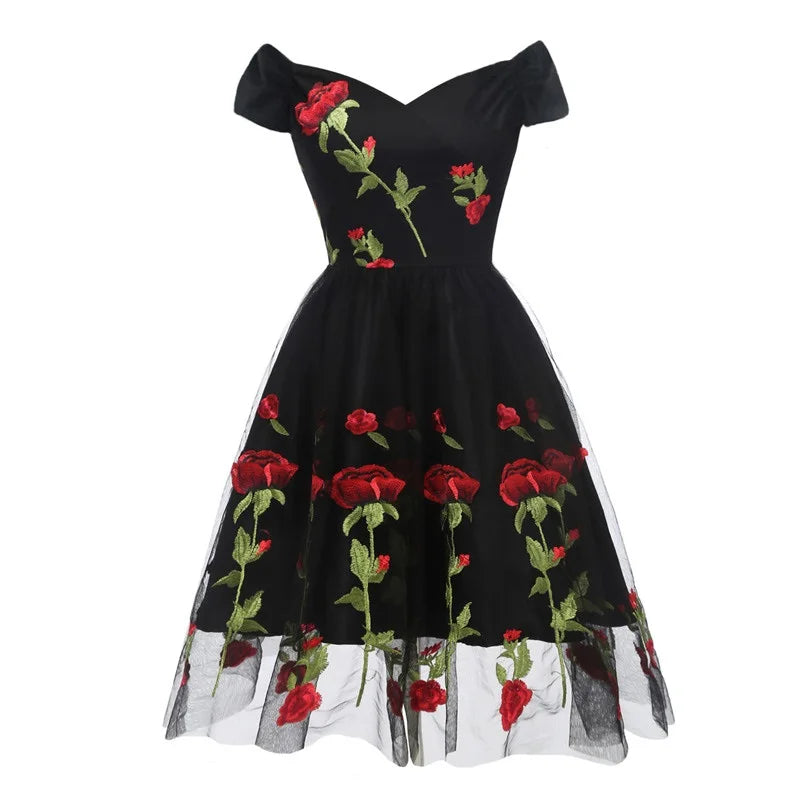 Rose Floral Embroidered V-Neck Party Dress, Pleated Mesh Overlay Short Sleeve Vintage Dress Tunics Formal black