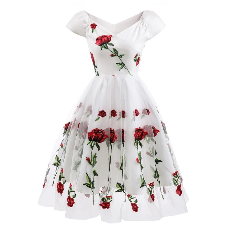 Rose Floral Embroidered V-Neck Party Dress, Pleated Mesh Overlay Short Sleeve Vintage Dress Tunics Occasion special
