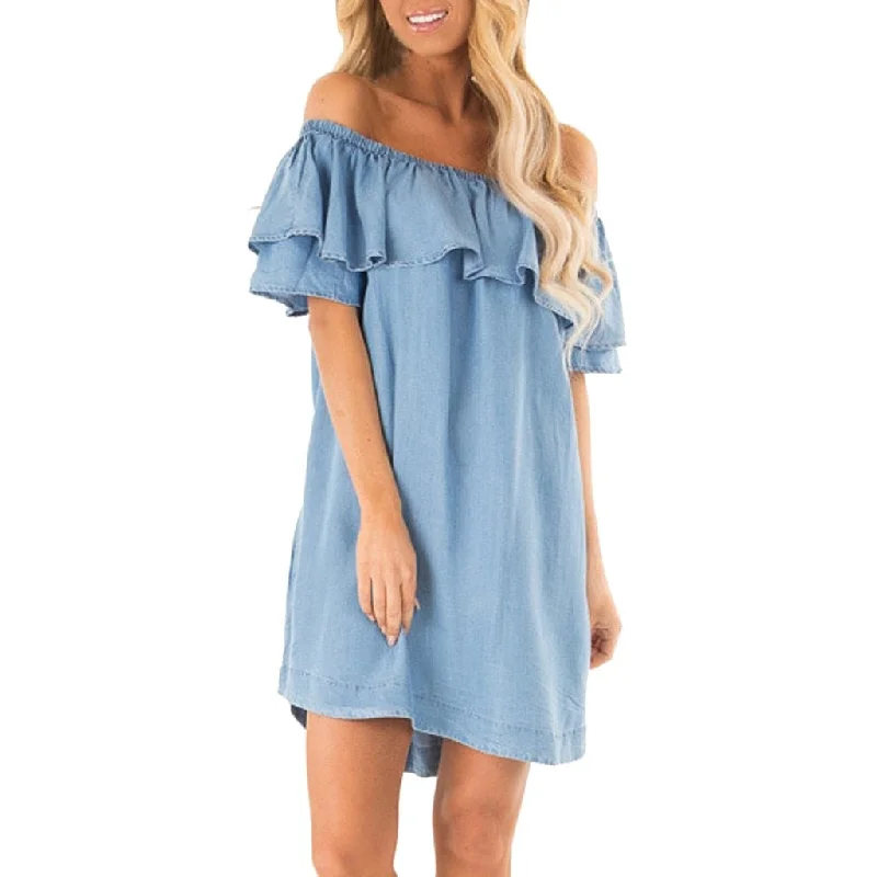 Sexy shoulder-bare dress Women's Beach Strapless lotus frock dress Waistband sundress Summer Mini Party Dresses #YL1 Crew Neckline Casual