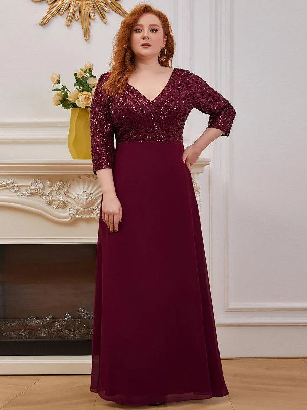Sexy V Neck A-Line Plus Size Sequin Wholesale Evening Dress with Sleeve Shift Classic Vintage
