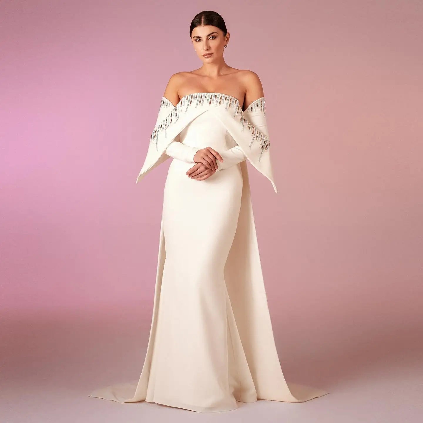 Elegant White Off Shoulder Long Sleeves Evening Dress with Cape SF008 Crew Neckline Sporty