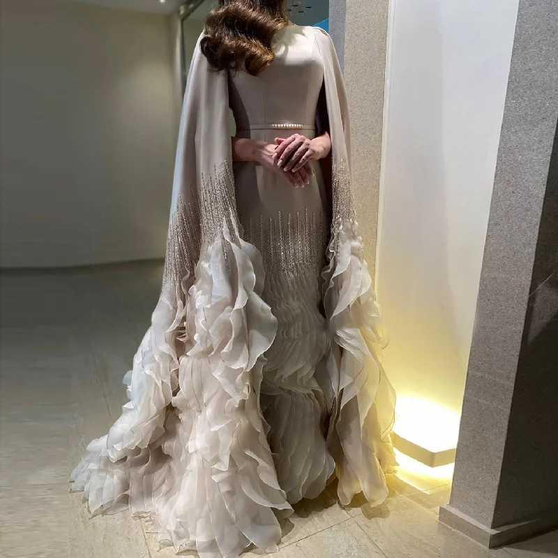 Luxury Nude Ruffles Evening Dress with Cape Sleeves SS440 Turtleneck Warm Winter