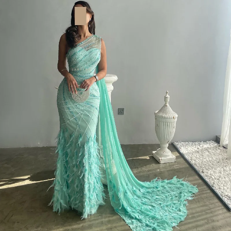 Luxury Feather Turquoise One Shoulder Evening Dress SS498 Tunics Bridal satin