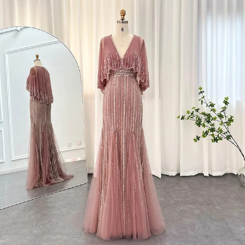 Luxury Pink Mermaid Evening Dresses with Cape SS284 Tunics Top Casual