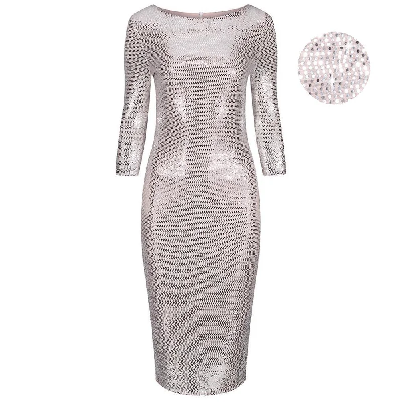 Nude Pink & Silver Sequin 3/4 Sleeve Bodycon Pencil Wiggle Party Dress Tunics Evening elegant