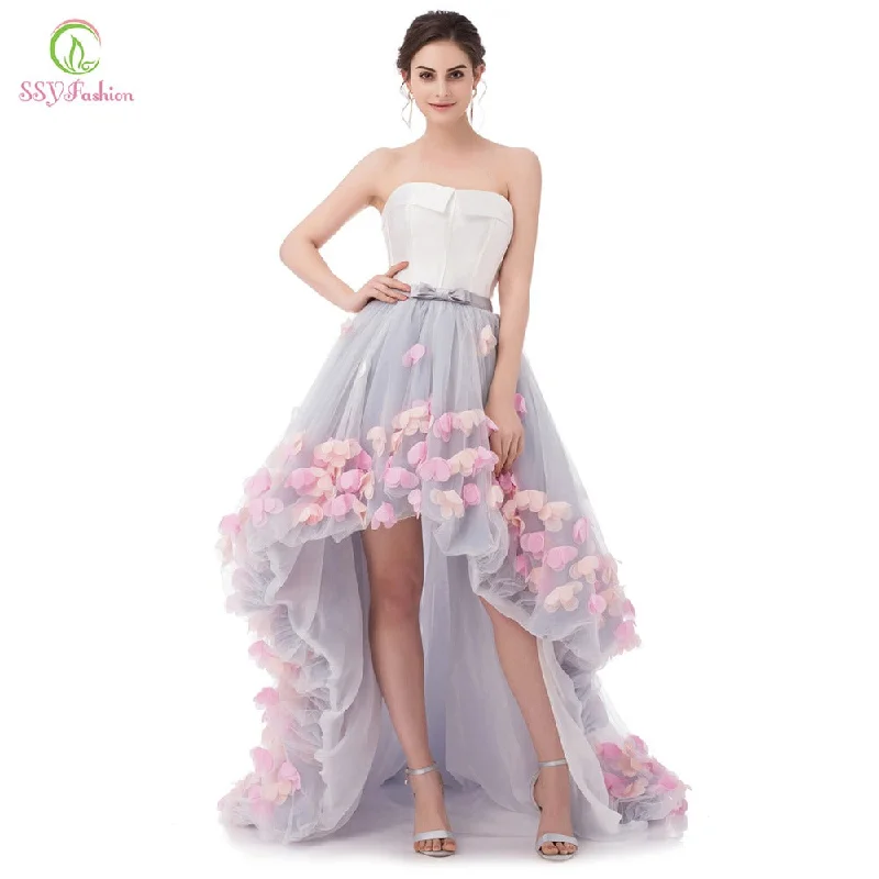 Sleeveless Short Front Long Back Lace Flower Evening Dress Tunics Top Casual