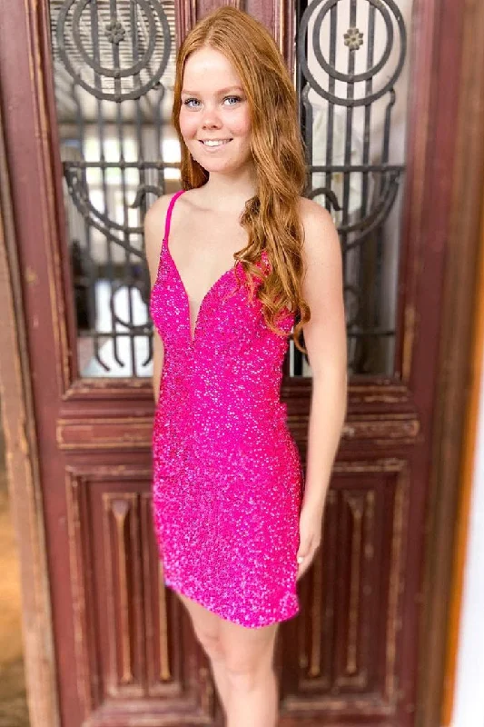 Sparkle Hot Pink Sequins Short Party Dress sweetheart Neckline Romantic