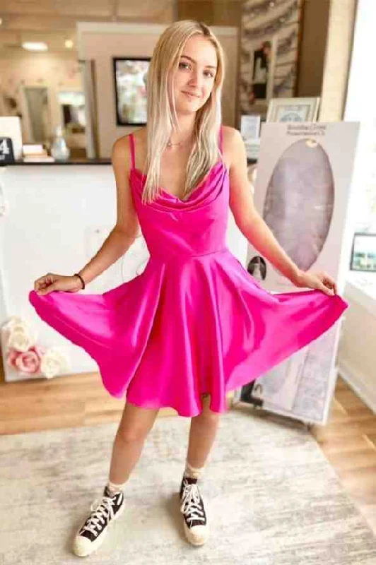 Straps Hot Pink Cowl Neck Short Party Dress Boat Neckline Classic