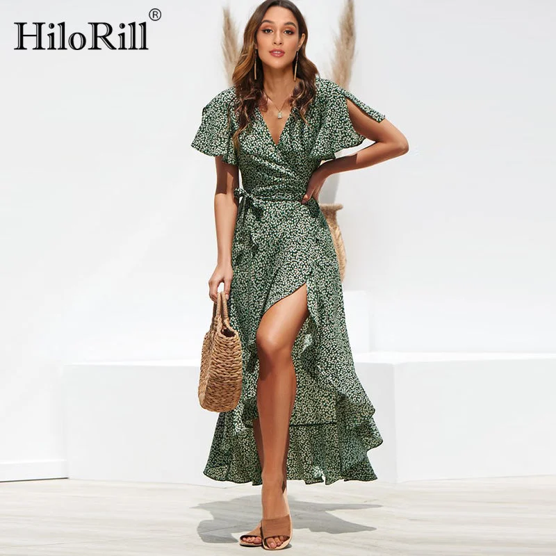 Summer Beach Maxi Dress Women Floral Print Boho Long Chiffon Dress Ruffles Wrap Casual V-Neck Split Sexy Party Dress Robe Femme Sequined Elegant Party