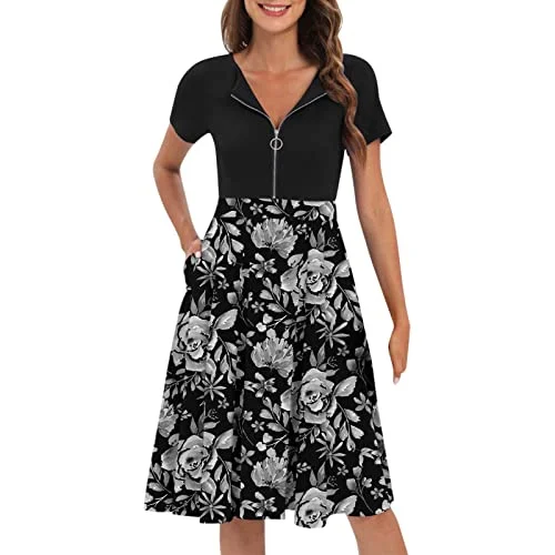 Summer Dress For Women Casual Vintage Flower Print Zipper Dresses Flared Midi Party Dress With Pockets Sundresses | Original Brand Tunics Fall fleece