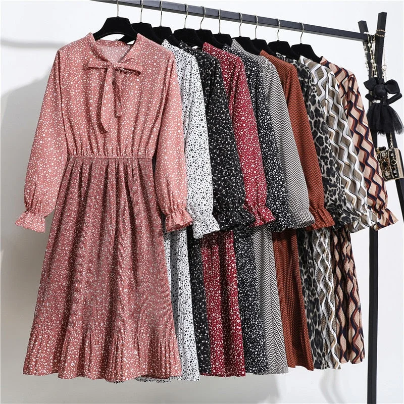 summer dress women chiffon Vintage Dot Floral long sleeve V neck Pleated office beach dresses party dress Vestidos black red Tunics Chic elegant